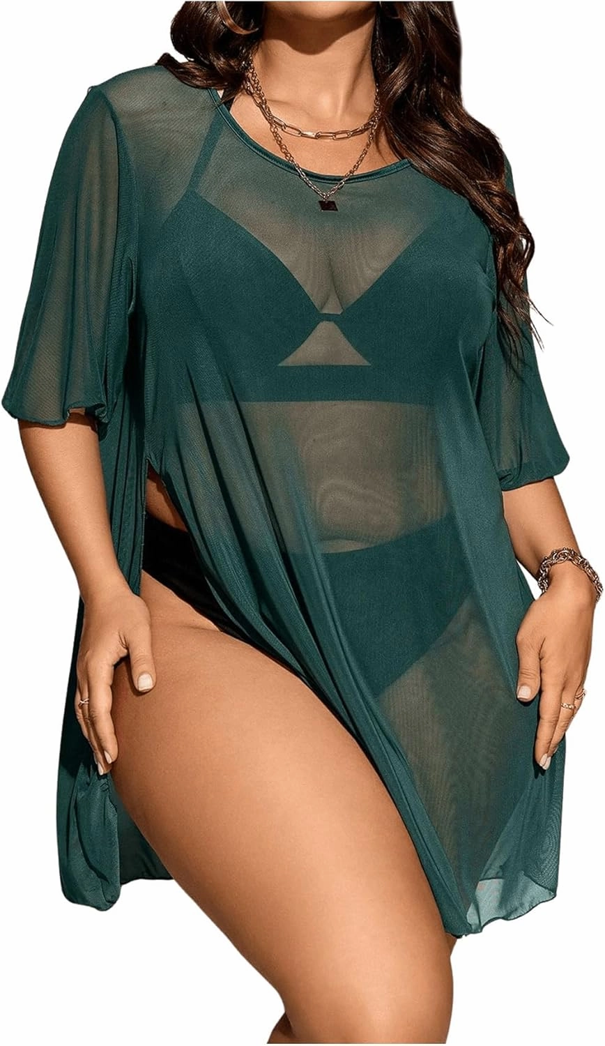 Milumia Women's Plus Size Mesh Split Cover Up Half Sleeve Sheer Beach Dress