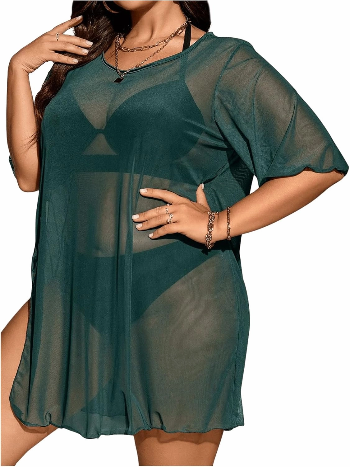 Milumia Women's Plus Size Mesh Split Cover Up Half Sleeve Sheer Beach Dress