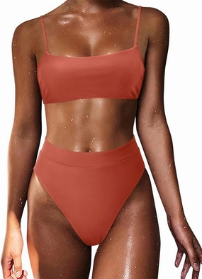 MOSHENGQI Women High Wasited Bikini Shoulder Strap 2 Piece High Cut String Swimsuits