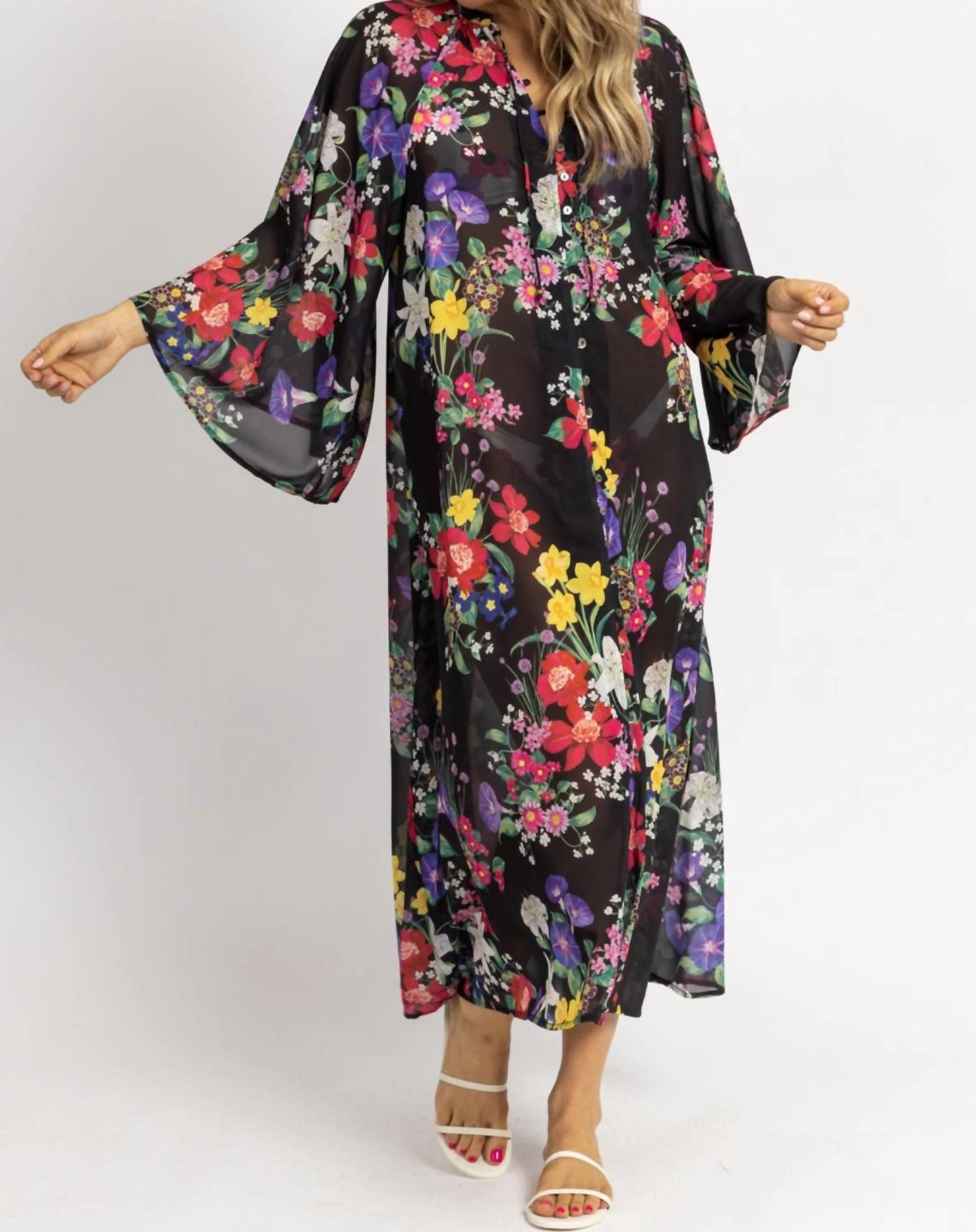 Multifloral Tie Neck Coverup Maxi In Black