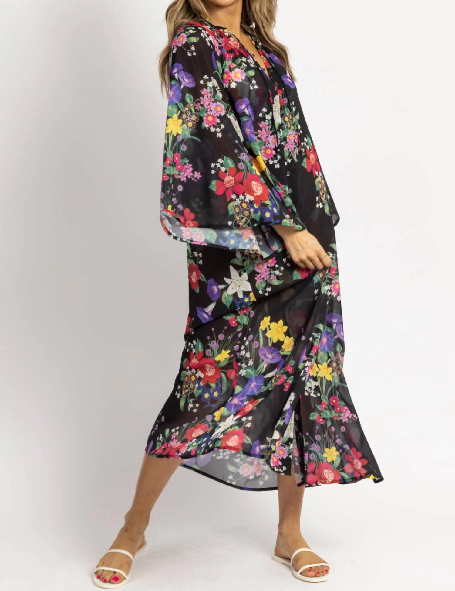 Multifloral Tie Neck Coverup Maxi In Black