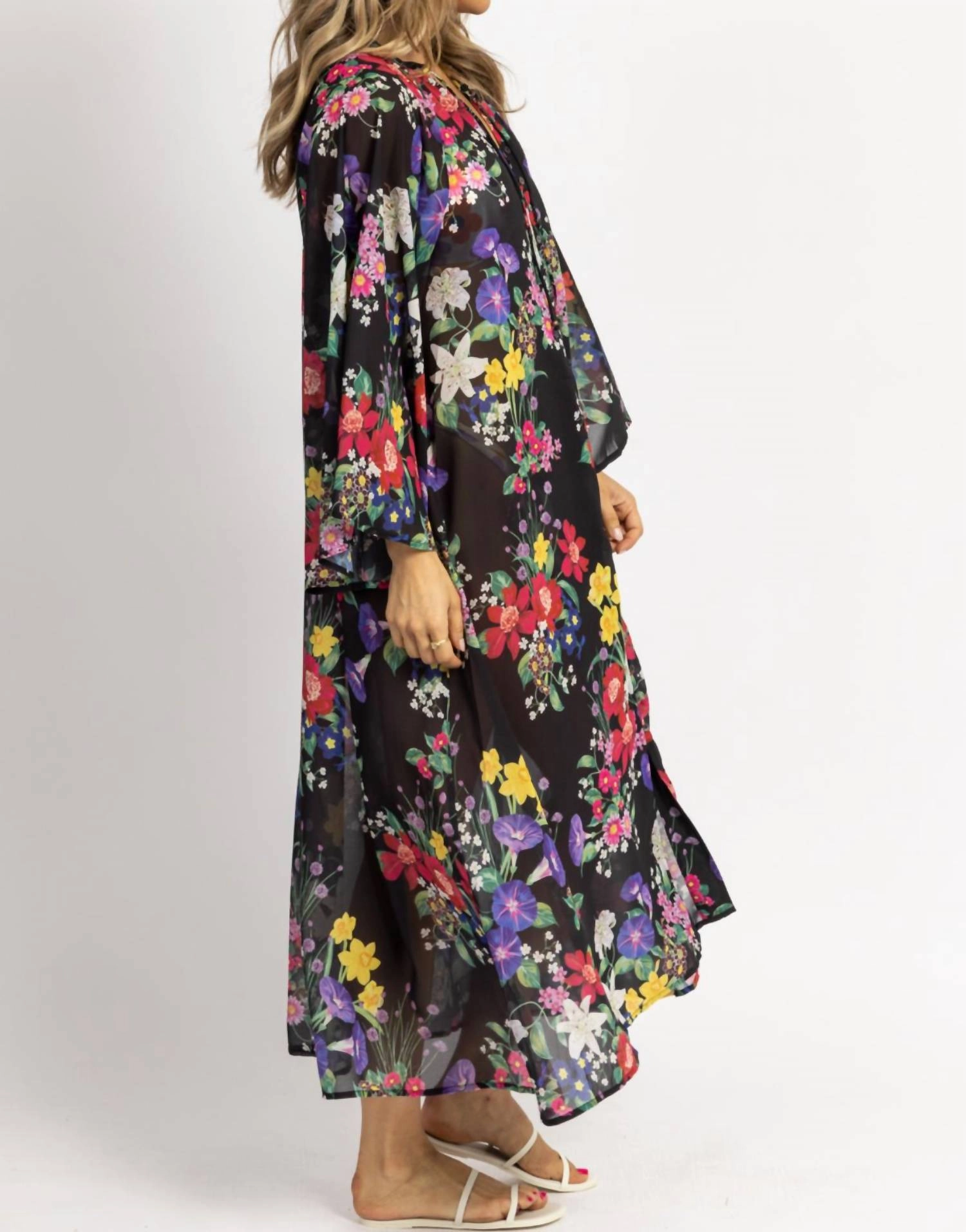 Multifloral Tie Neck Coverup Maxi In Black