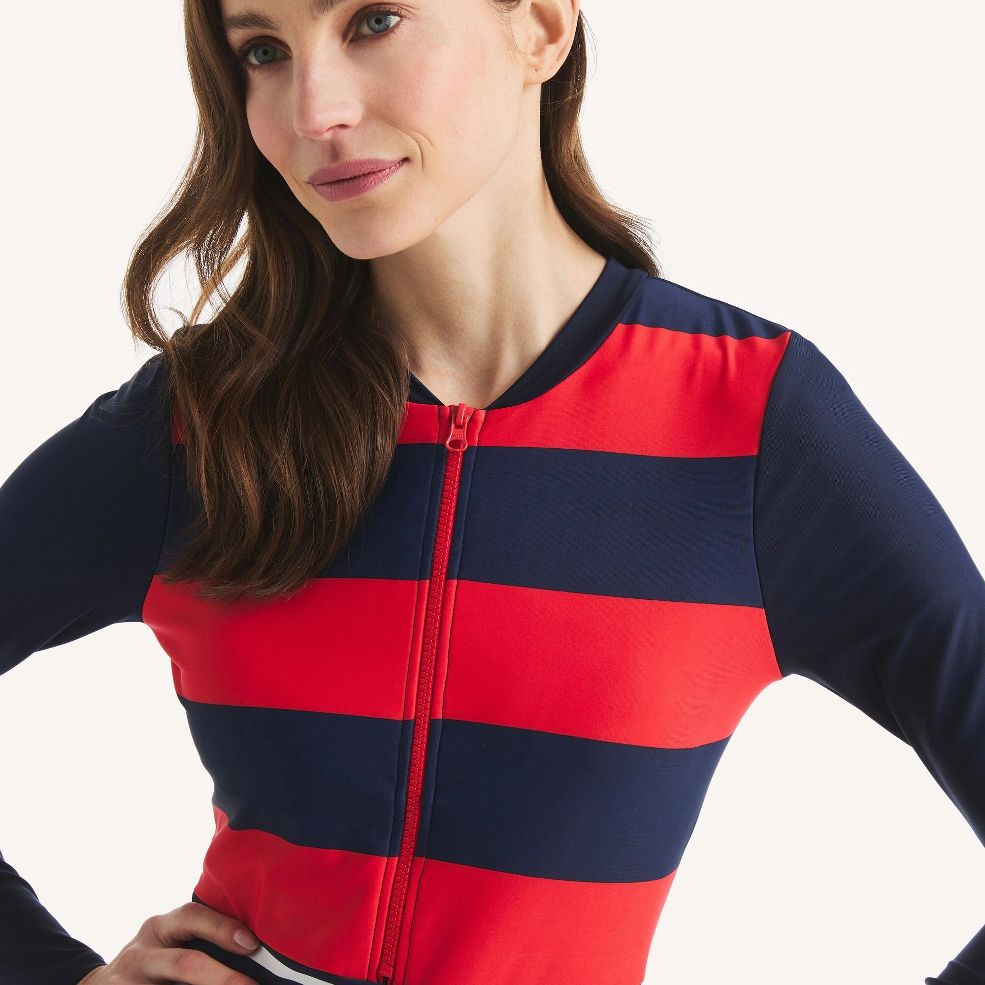 Nautica Womens Long-Sleeve Striped One-Piece Swim