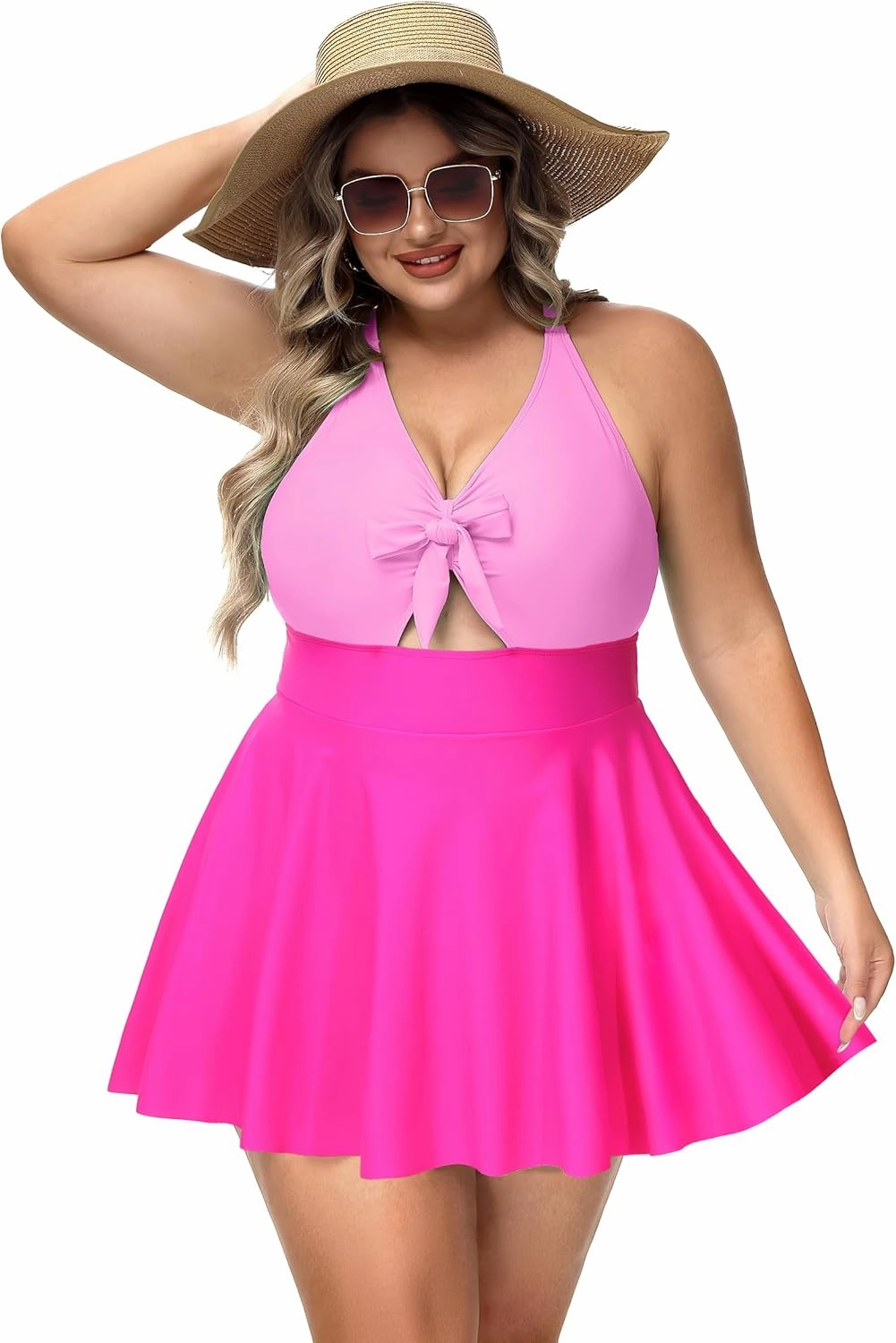 NIeyook Womens Plus Size One Piece Swimsuit with Skirt V Neck Cutout Flowy Swim Dress Tummy Control Bathing Suit