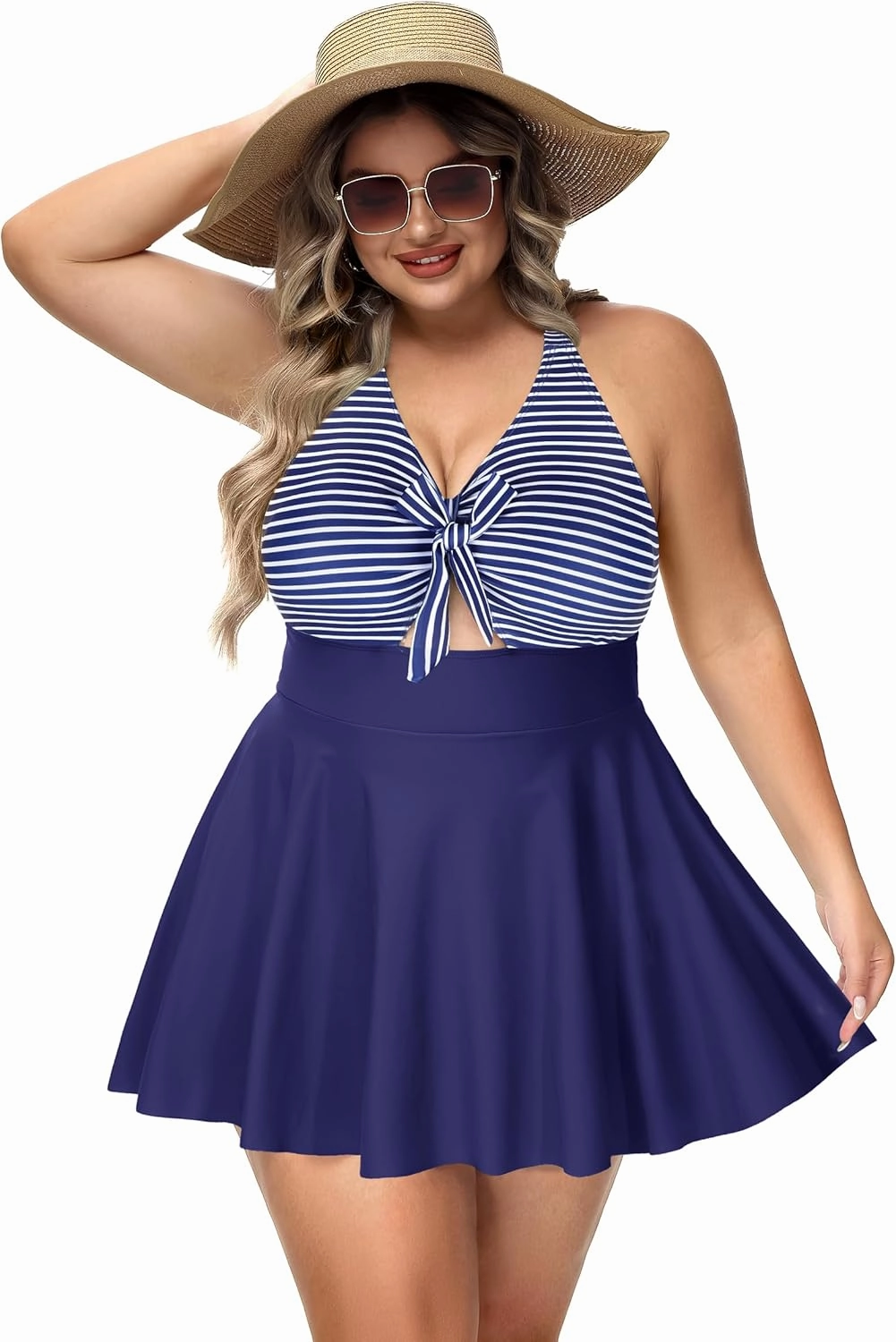 NIeyook Womens Plus Size One Piece Swimsuit with Skirt V Neck Cutout Flowy Swim Dress Tummy Control Bathing Suit