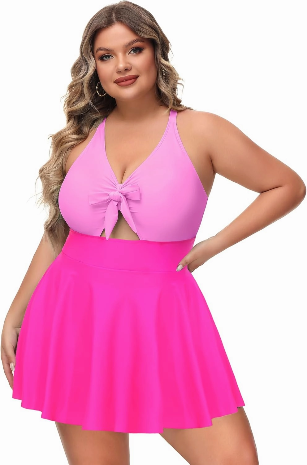 NIeyook Womens Plus Size One Piece Swimsuit with Skirt V Neck Cutout Flowy Swim Dress Tummy Control Bathing Suit