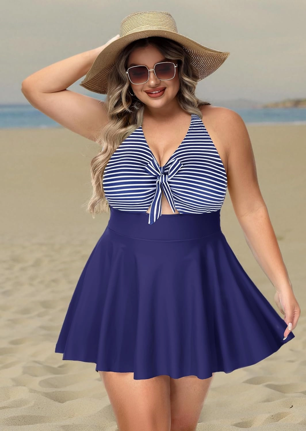 NIeyook Womens Plus Size One Piece Swimsuit with Skirt V Neck Cutout Flowy Swim Dress Tummy Control Bathing Suit