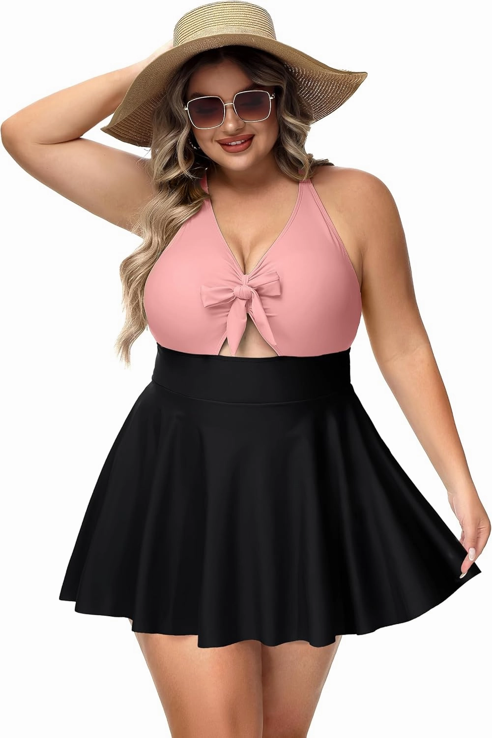 NIeyook Womens Plus Size One Piece Swimsuit with Skirt V Neck Cutout Flowy Swim Dress Tummy Control Bathing Suit