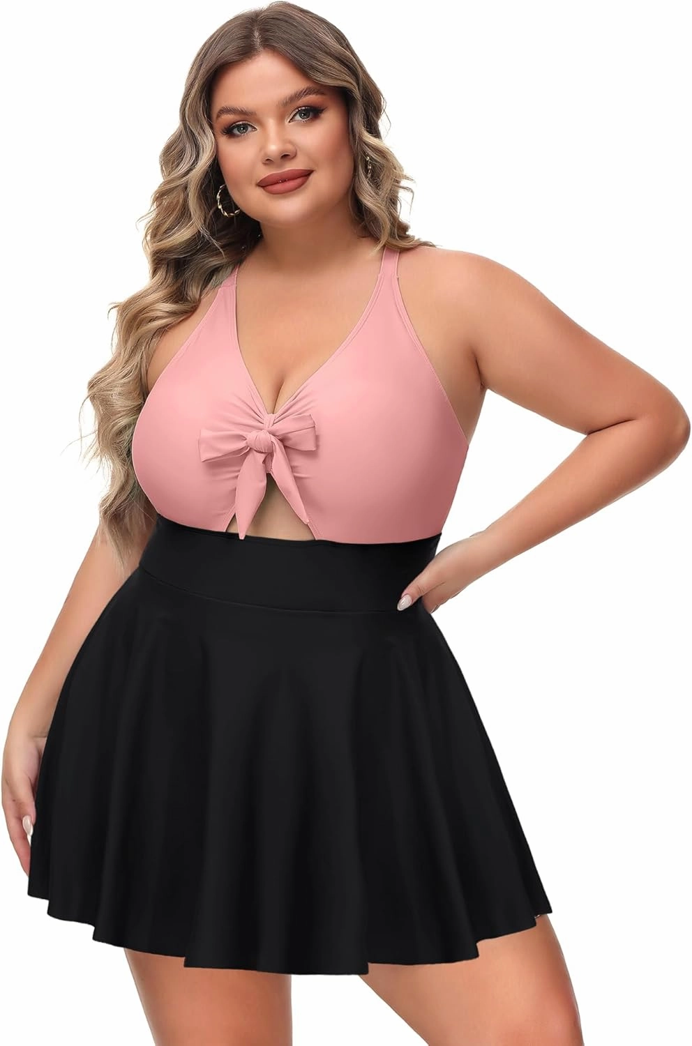 NIeyook Womens Plus Size One Piece Swimsuit with Skirt V Neck Cutout Flowy Swim Dress Tummy Control Bathing Suit