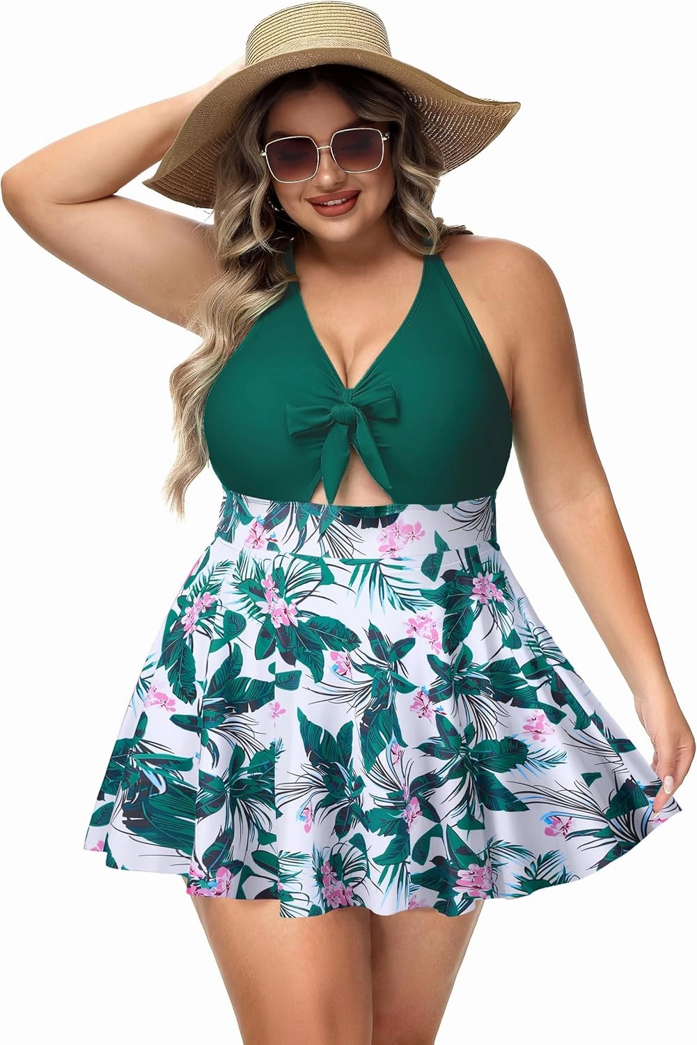 NIeyook Womens Plus Size One Piece Swimsuit with Skirt V Neck Cutout Flowy Swim Dress Tummy Control Bathing Suit