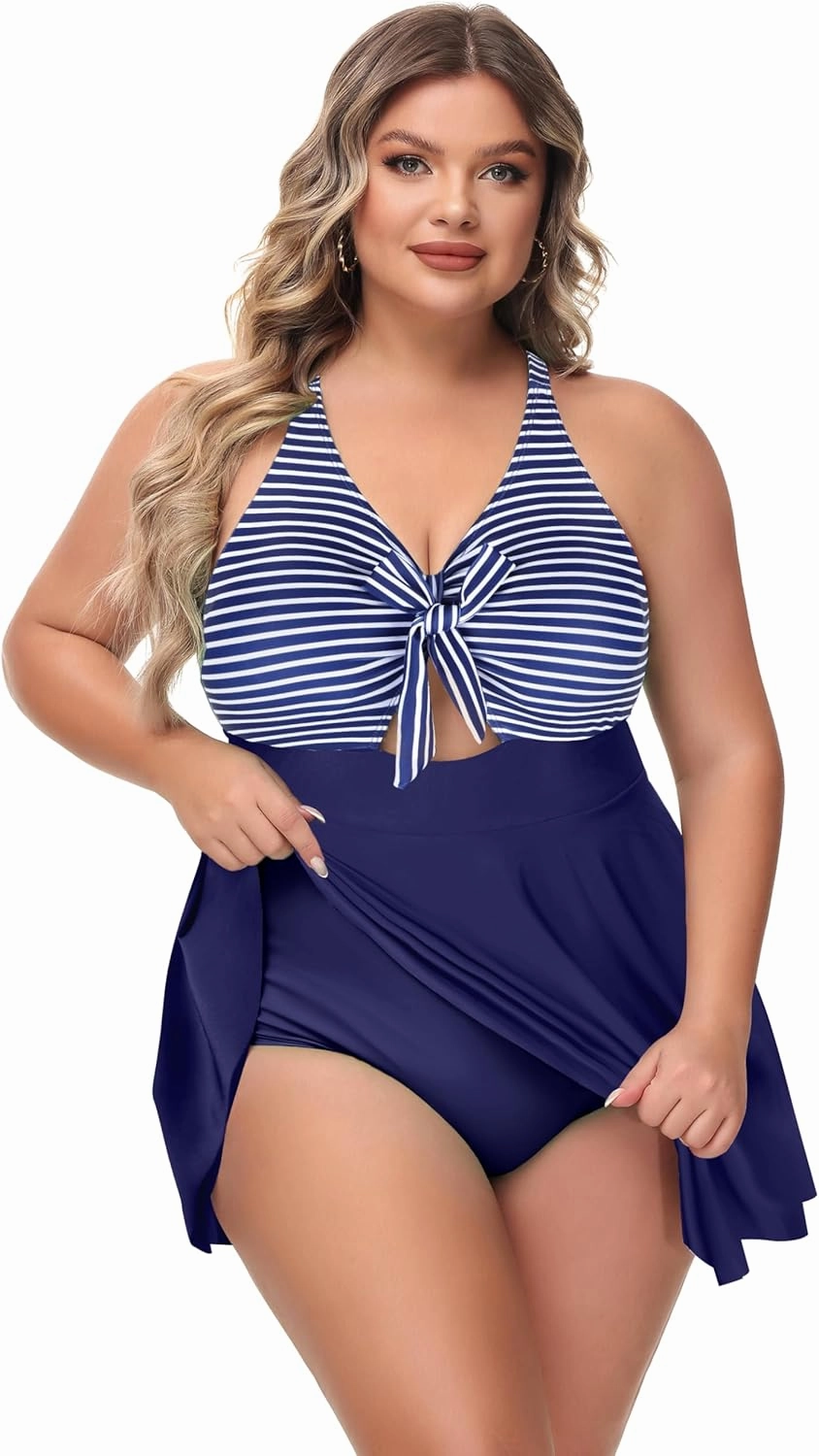 NIeyook Womens Plus Size One Piece Swimsuit with Skirt V Neck Cutout Flowy Swim Dress Tummy Control Bathing Suit