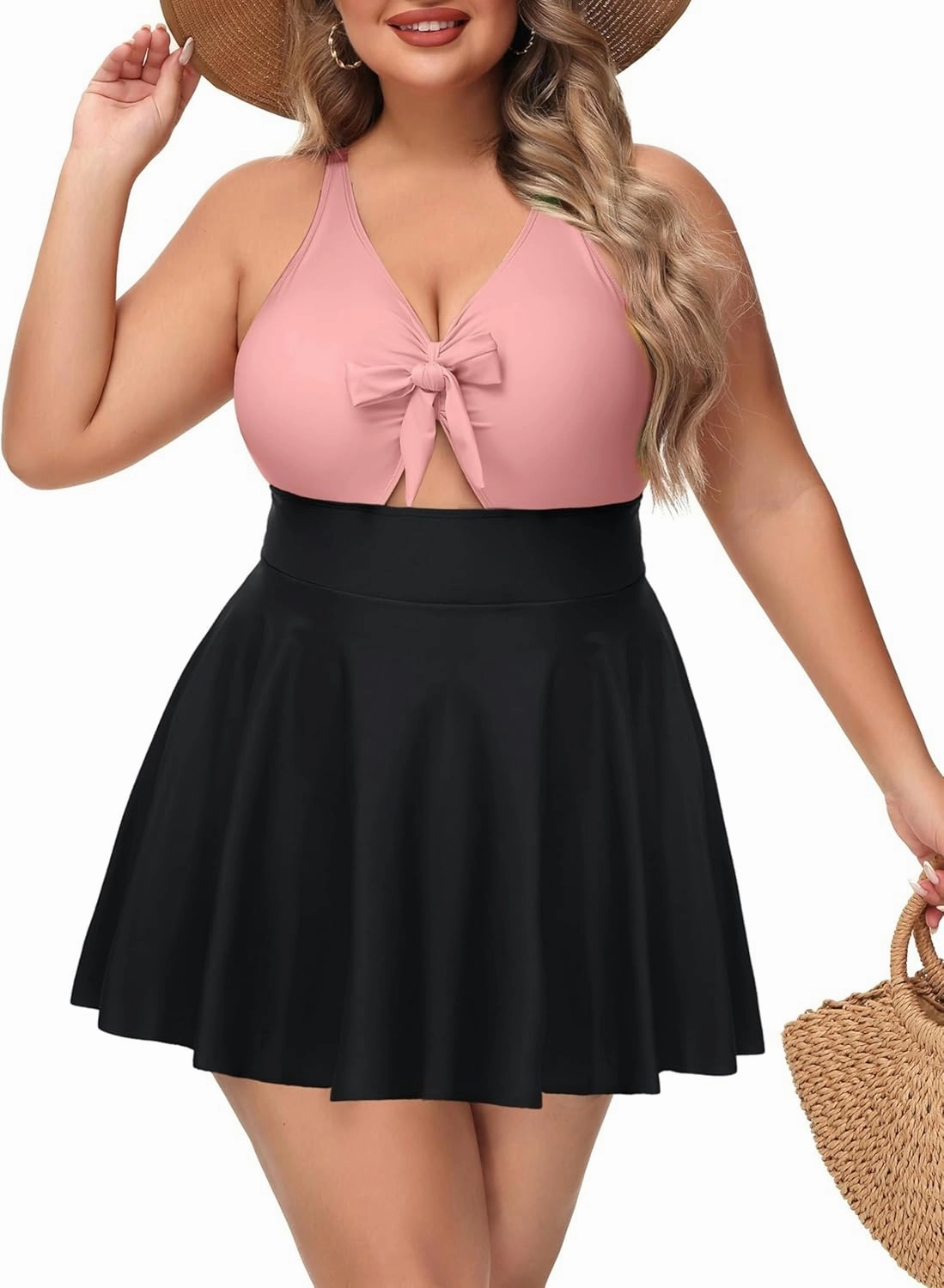 NIeyook Womens Plus Size One Piece Swimsuit with Skirt V Neck Cutout Flowy Swim Dress Tummy Control Bathing Suit