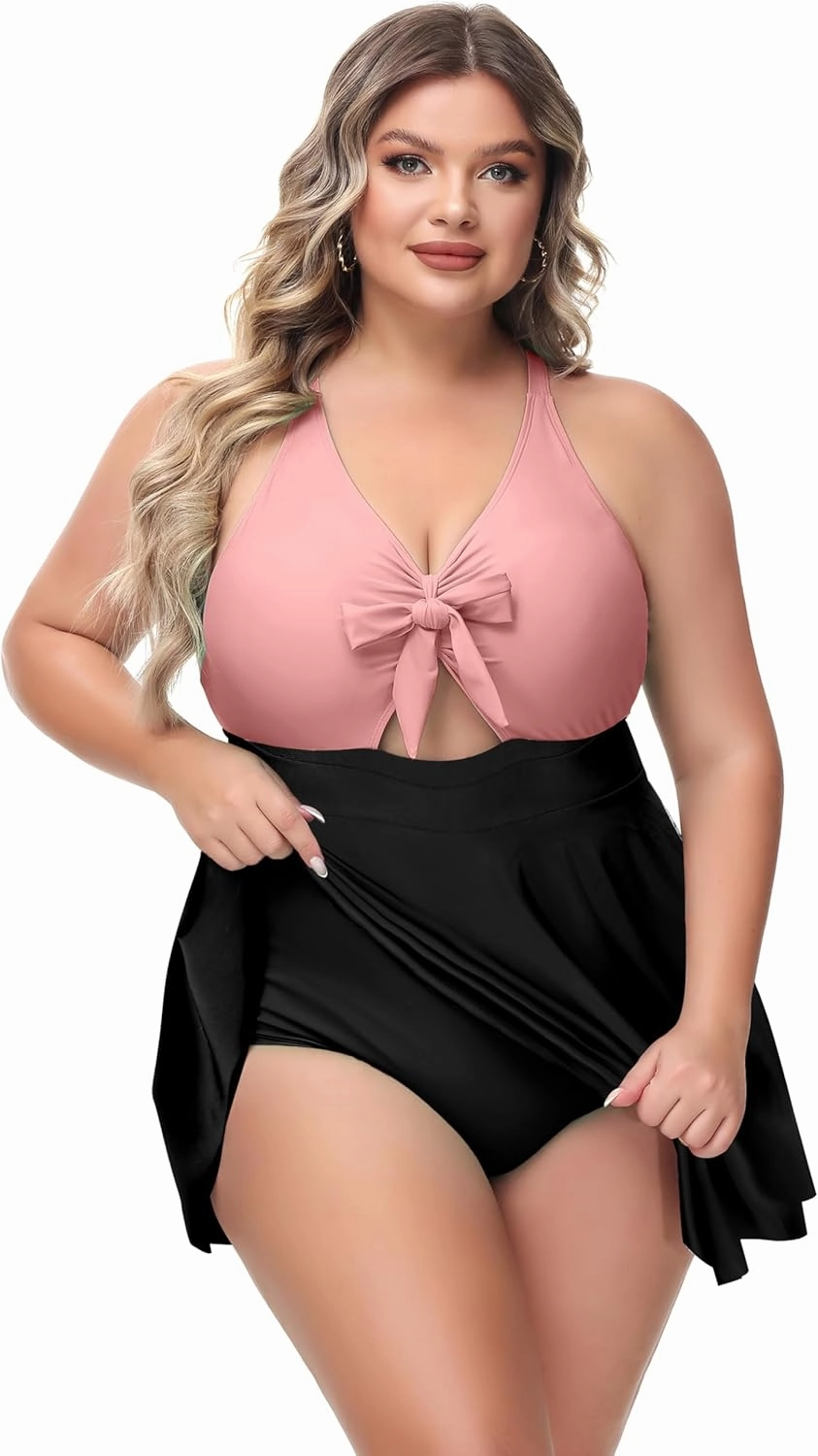 NIeyook Womens Plus Size One Piece Swimsuit with Skirt V Neck Cutout Flowy Swim Dress Tummy Control Bathing Suit