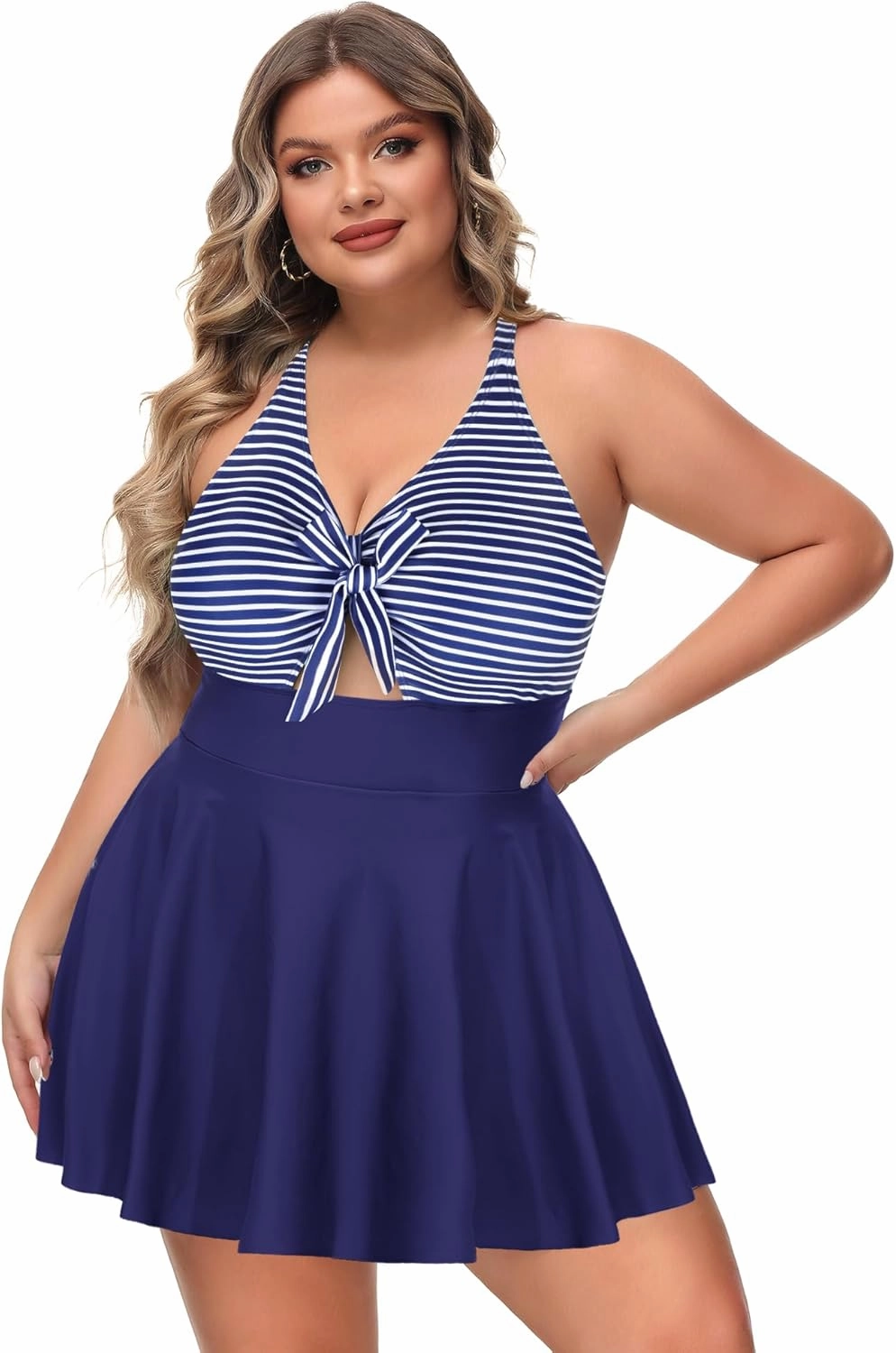 NIeyook Womens Plus Size One Piece Swimsuit with Skirt V Neck Cutout Flowy Swim Dress Tummy Control Bathing Suit
