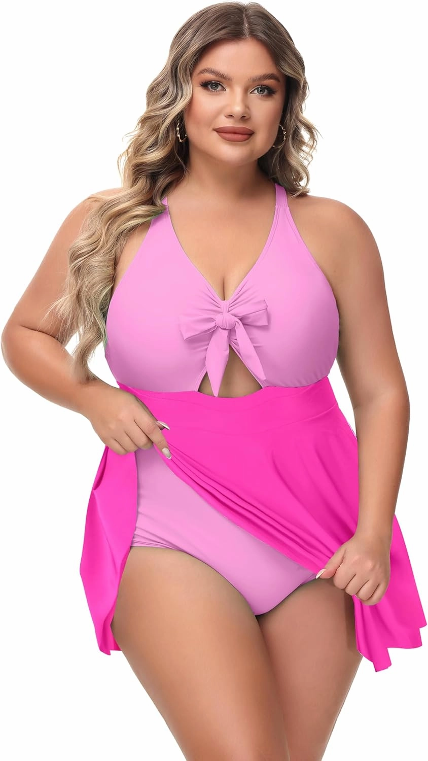NIeyook Womens Plus Size One Piece Swimsuit with Skirt V Neck Cutout Flowy Swim Dress Tummy Control Bathing Suit