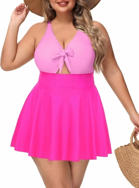 NIeyook Womens Plus Size One Piece Swimsuit with Skirt V Neck Cutout Flowy Swim Dress Tummy Control Bathing Suit