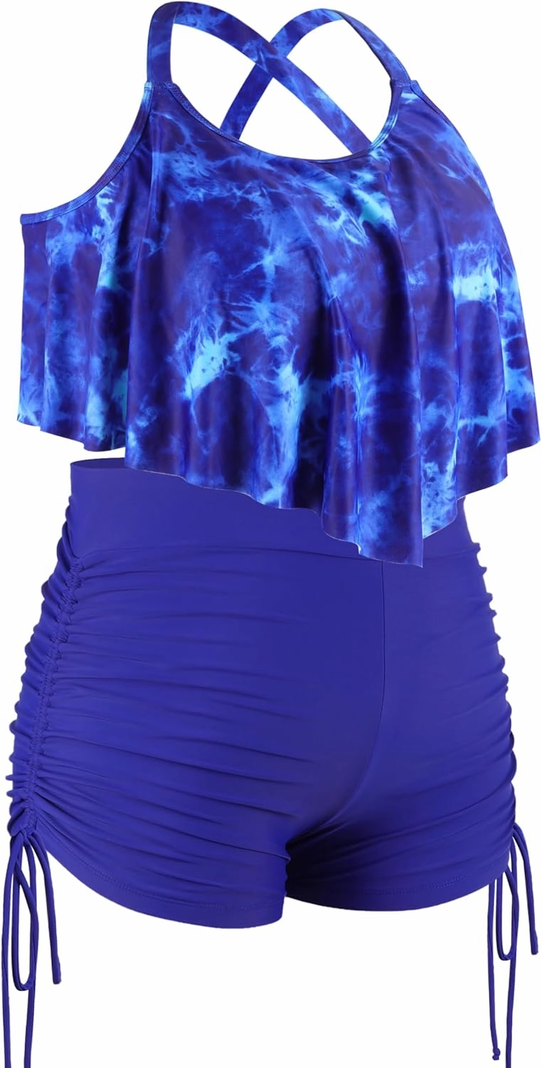 NIeyook Womens Plus Size Tankini Swimsuits Ruffled Tankini Bathing Suits 2 Pieces Tummy Control Swimwear with Shorts