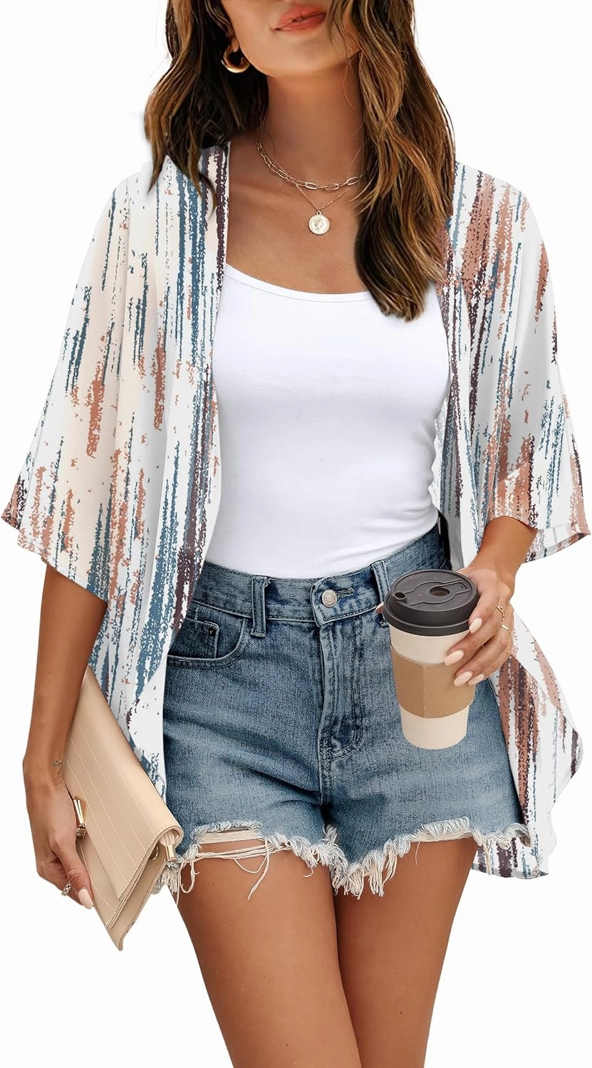 OFEEFAN Beach Cover Ups for Women 3/4 Length Sleeve Womens Tops Summer Cardigan Casual Blouses Loose Fit