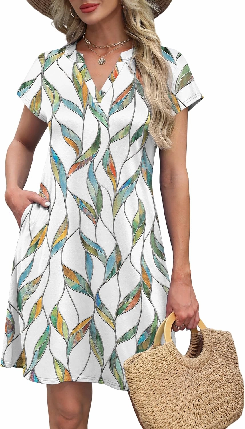 OFEEFAN Summer Dresses for Women Beach Cover Ups for Women with Pockets V Neck Swimsuit Loose Fit