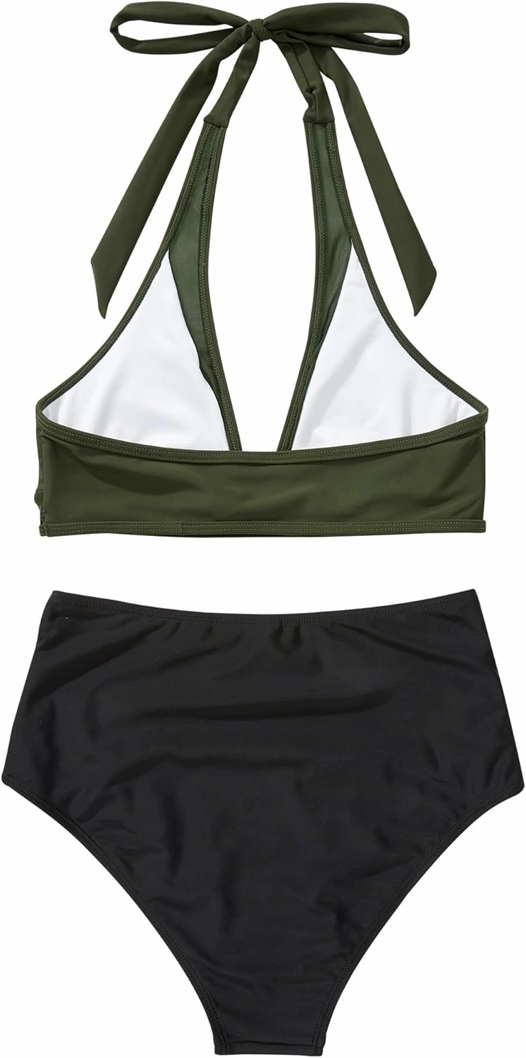 OMKAGI Women Mesh High Waisted Bikini Set Sexy V Neck Tummy Control Swimsuit Bathing Suit