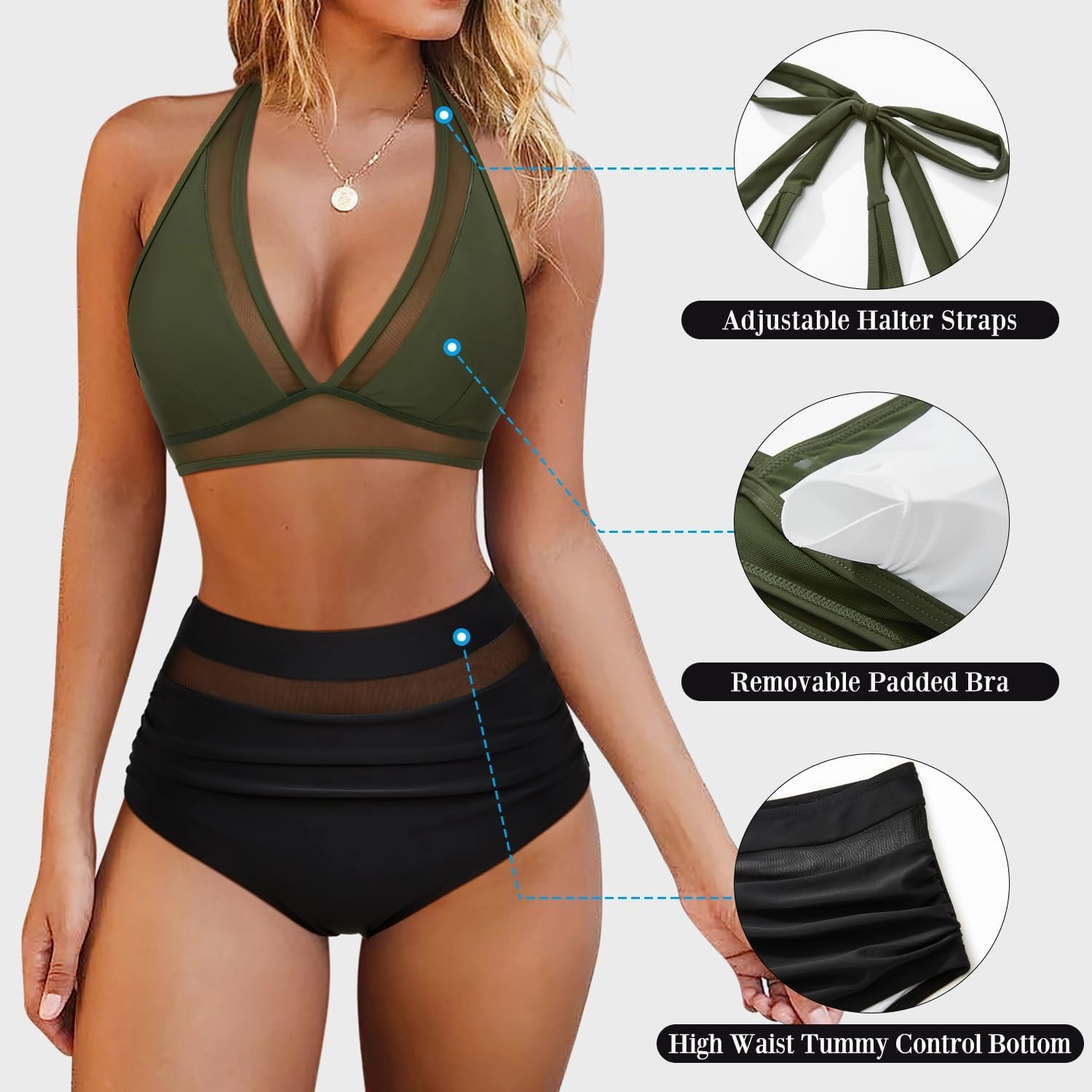 OMKAGI Women Mesh High Waisted Bikini Set Sexy V Neck Tummy Control Swimsuit Bathing Suit