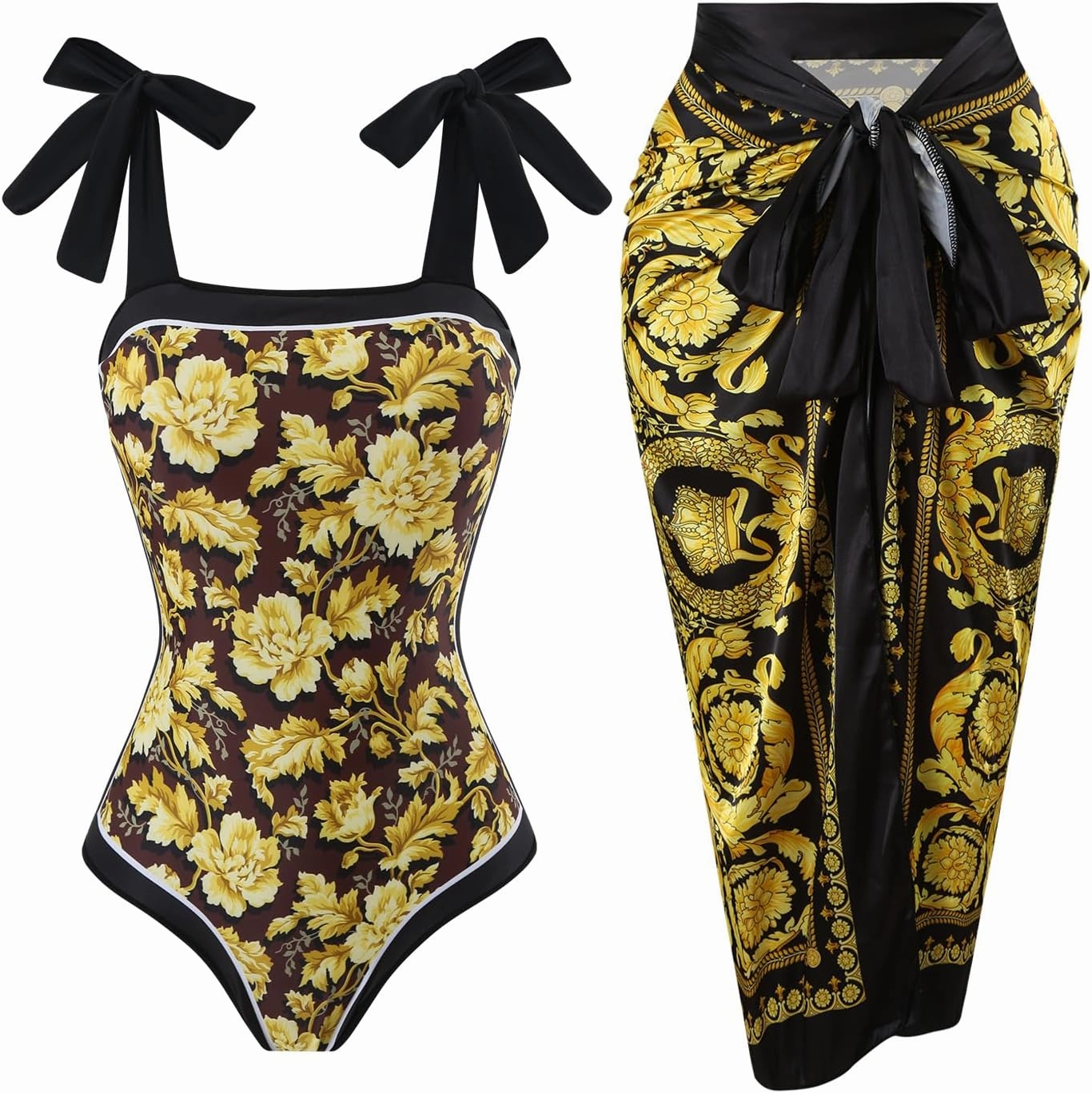 One Piece Bathing Suit for Women with Beach Cover up Wrap Skirt Swimsuit Sarong Retro Floral Print Bikini Set