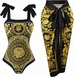 One Piece Bathing Suit for Women with Beach Cover up Wrap Skirt Swimsuit Sarong Retro Floral Print Bikini Set