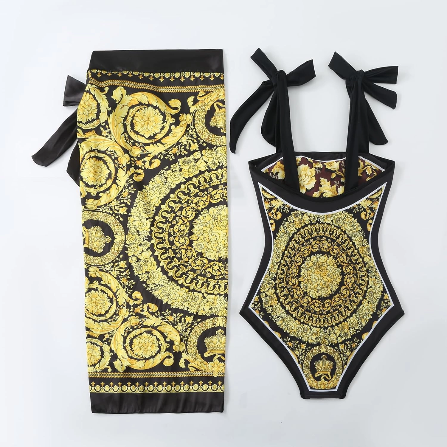 One Piece Bathing Suit for Women with Beach Cover up Wrap Skirt Swimsuit Sarong Retro Floral Print Bikini Set