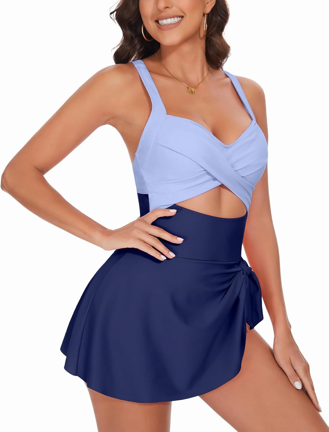 One Piece Swimsuit Women Tummy Control Swim Dress Sexy Criss Cross Tie Back Bathing Suit