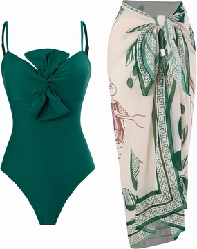 One Piece Swimsuit Women with Cover Up Set Retro Bathing Suit for Women Tummy Control Beach Wrap Skirt