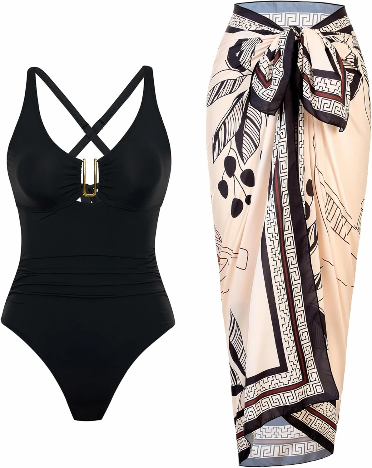 One Piece Swimsuit Women with Cover Up Set Retro Bathing Suit for Women Tummy Control Beach Wrap Skirt