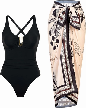 One Piece Swimsuit Women with Cover Up Set Retro Bathing Suit for Women Tummy Control Beach Wrap Skirt