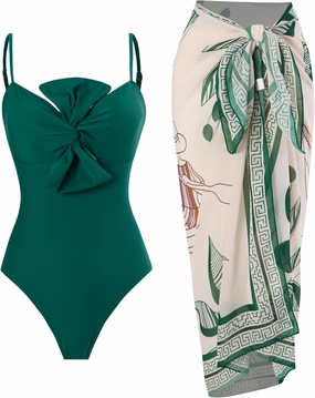 One Piece Swimsuit Women with Cover Up Set Retro Bathing Suit for Women Tummy Control Beach Wrap Skirt