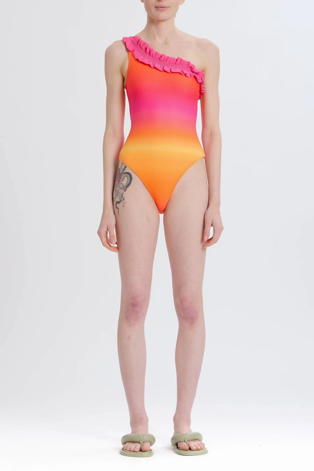 One Shoulder Ruffle One Piece Swimsuit In Pink Combo