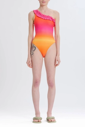 One Shoulder Ruffle One Piece Swimsuit In Pink Combo