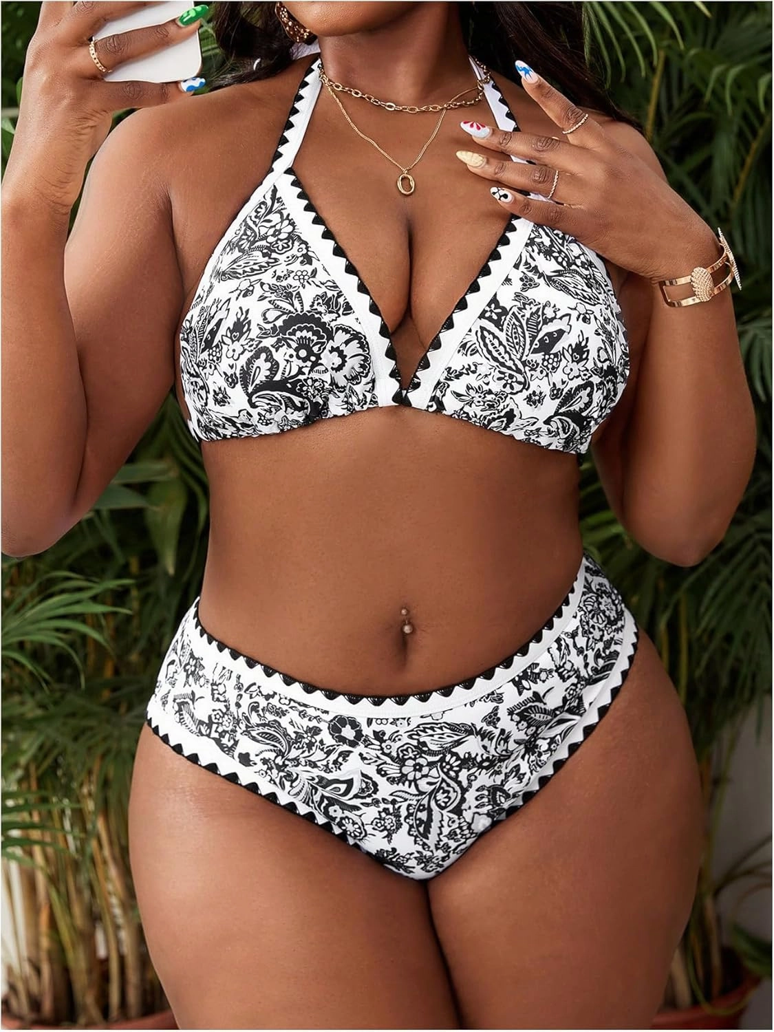 OYOANGLE Women's Plus Size 2 Piece Boho Printed Bikini Swimsuit Triangle Halter Bathing Suit High Waisted Swimwear