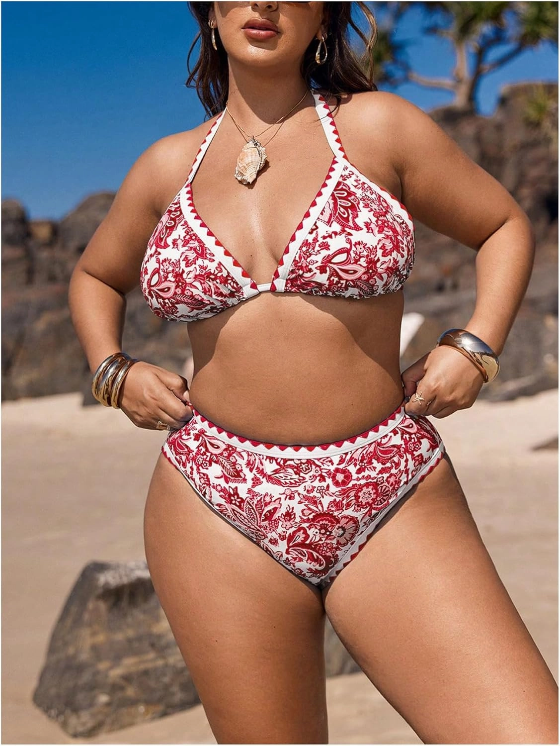 OYOANGLE Women's Plus Size 2 Piece Boho Printed Bikini Swimsuit Triangle Halter Bathing Suit High Waisted Swimwear