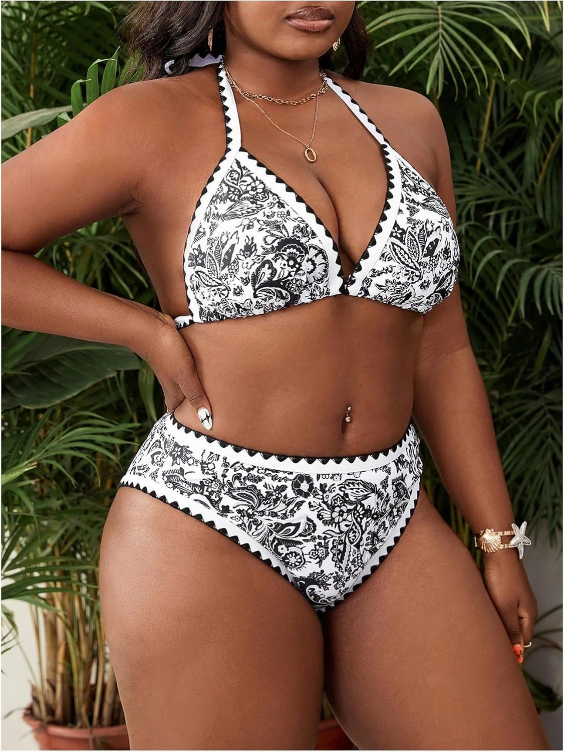OYOANGLE Women's Plus Size 2 Piece Boho Printed Bikini Swimsuit Triangle Halter Bathing Suit High Waisted Swimwear