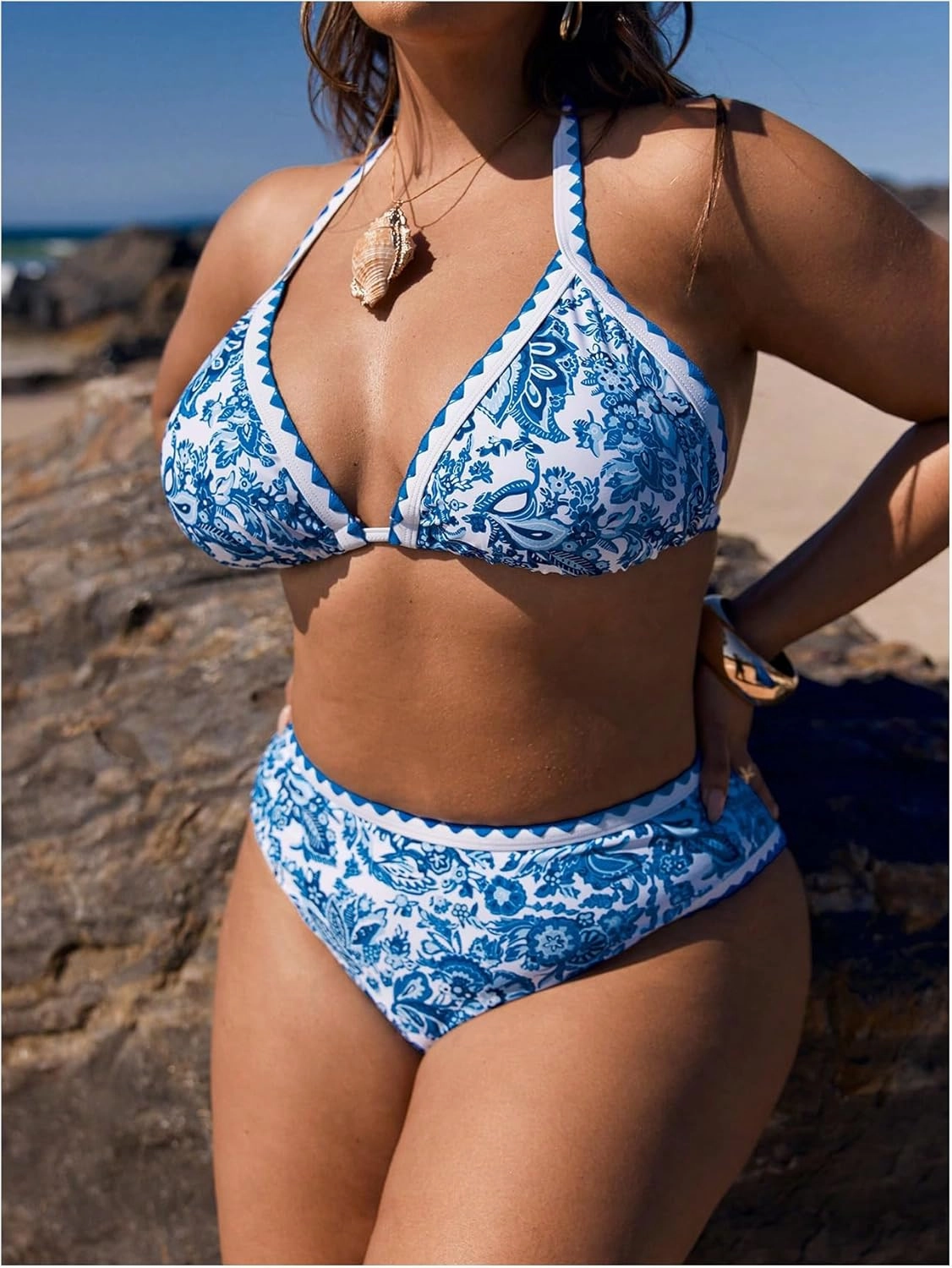 OYOANGLE Women's Plus Size 2 Piece Boho Printed Bikini Swimsuit Triangle Halter Bathing Suit High Waisted Swimwear