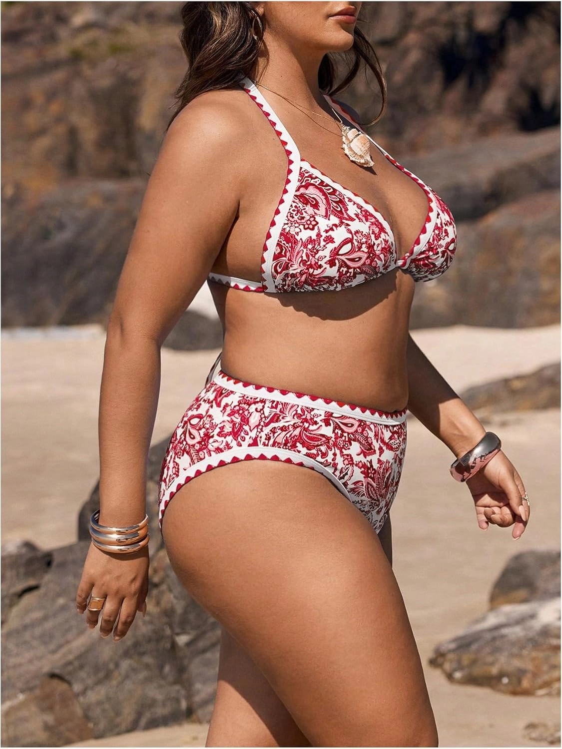OYOANGLE Women's Plus Size 2 Piece Boho Printed Bikini Swimsuit Triangle Halter Bathing Suit High Waisted Swimwear