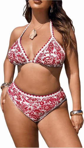 OYOANGLE Women's Plus Size 2 Piece Boho Printed Bikini Swimsuit Triangle Halter Bathing Suit High Waisted Swimwear