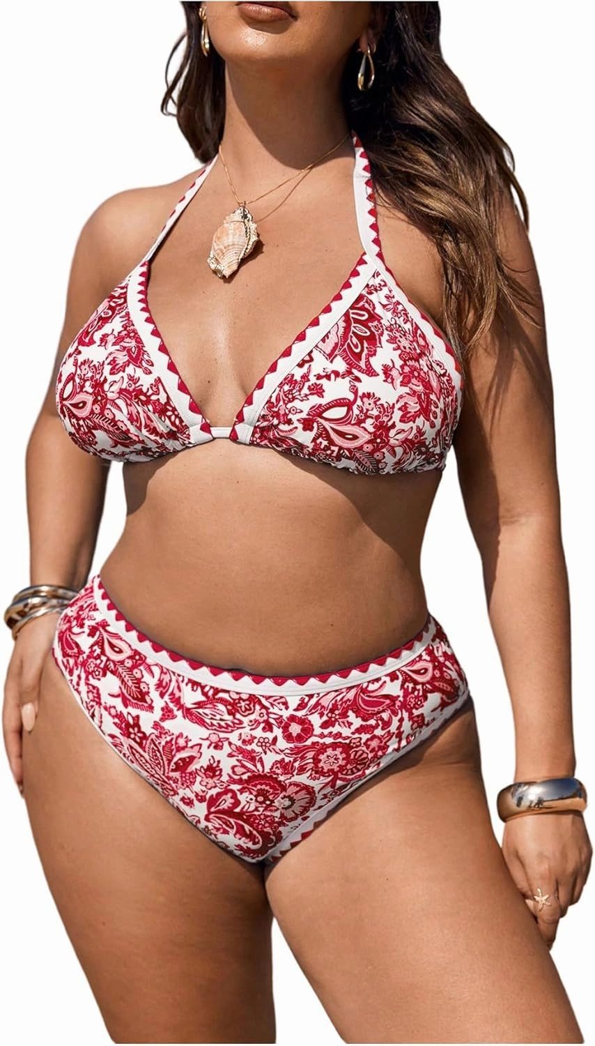 OYOANGLE Women's Plus Size 2 Piece Boho Printed Bikini Swimsuit Triangle Halter Bathing Suit High Waisted Swimwear