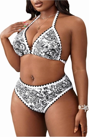 OYOANGLE Women's Plus Size 2 Piece Boho Printed Bikini Swimsuit Triangle Halter Bathing Suit High Waisted Swimwear