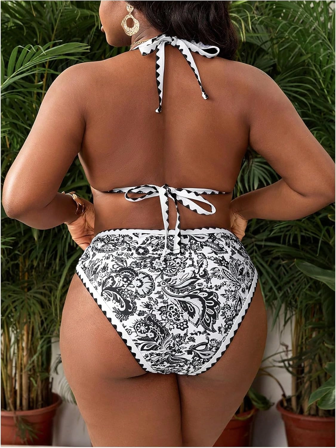 OYOANGLE Women's Plus Size 2 Piece Boho Printed Bikini Swimsuit Triangle Halter Bathing Suit High Waisted Swimwear
