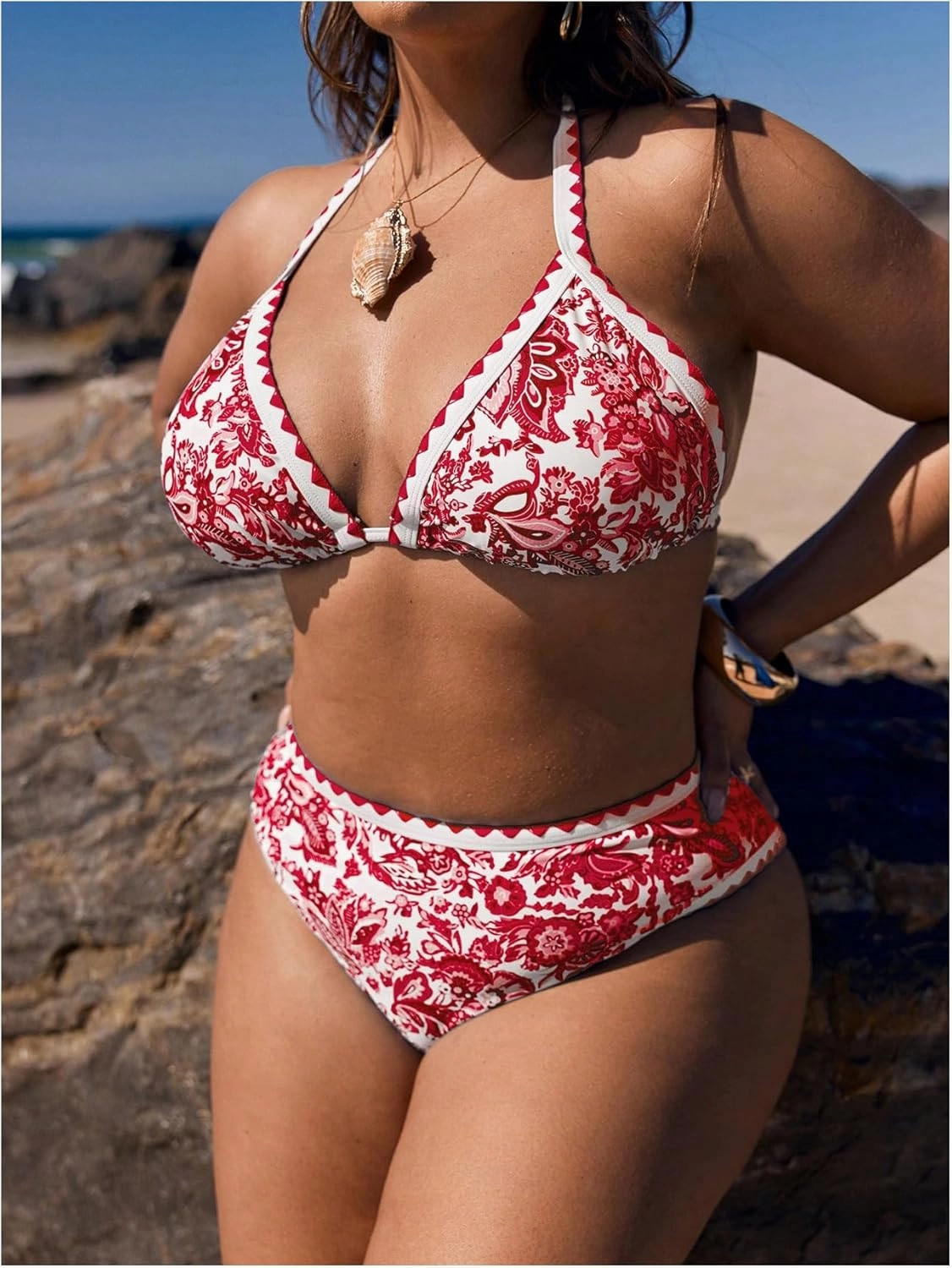 OYOANGLE Women's Plus Size 2 Piece Boho Printed Bikini Swimsuit Triangle Halter Bathing Suit High Waisted Swimwear