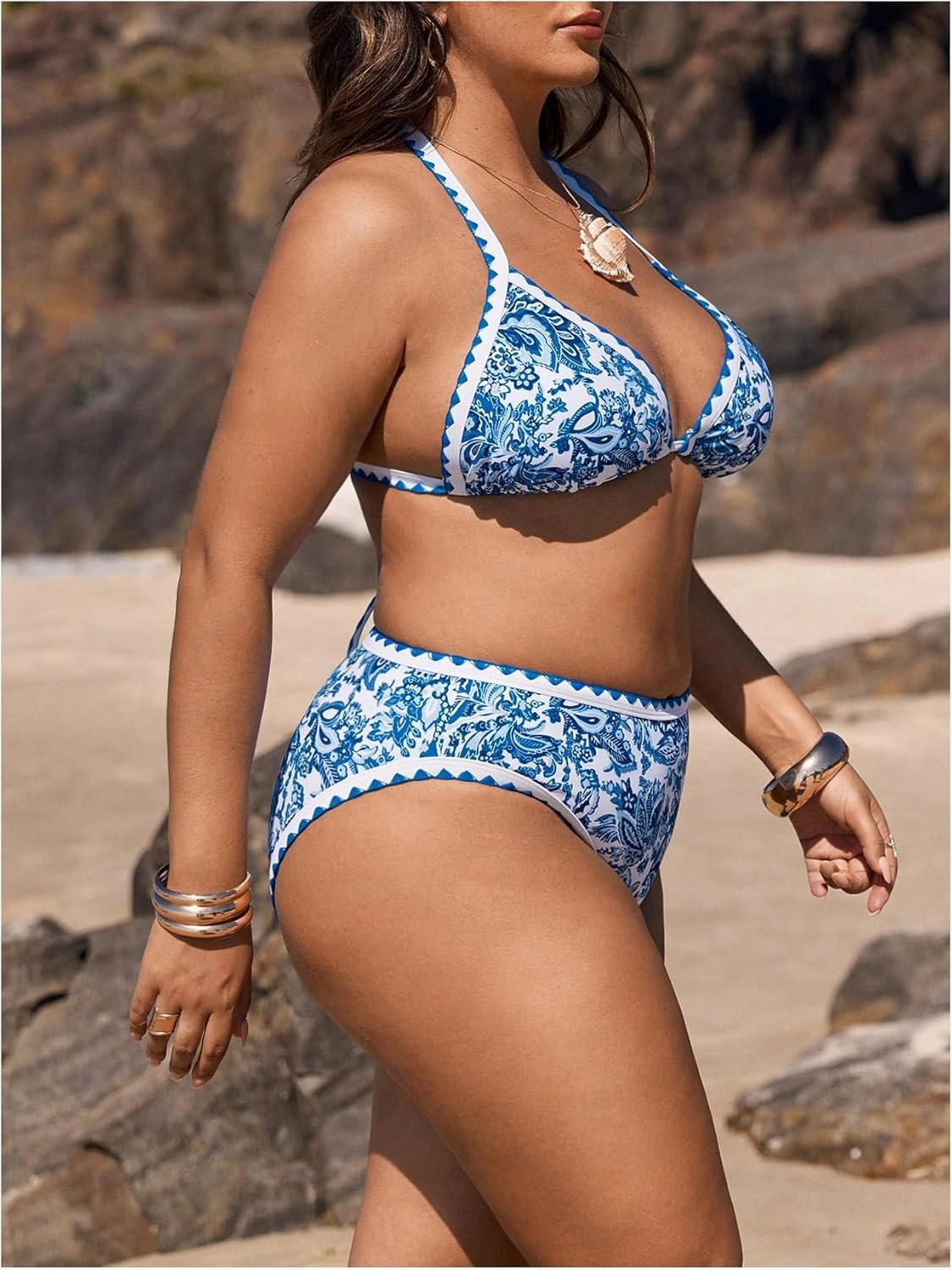 OYOANGLE Women's Plus Size 2 Piece Boho Printed Bikini Swimsuit Triangle Halter Bathing Suit High Waisted Swimwear