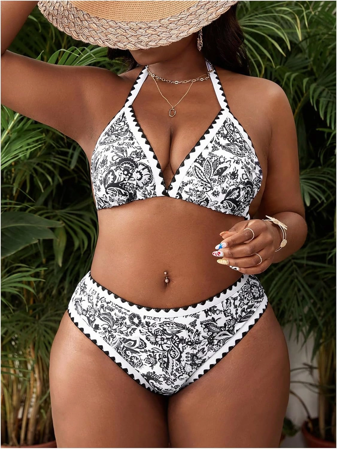 OYOANGLE Women's Plus Size 2 Piece Boho Printed Bikini Swimsuit Triangle Halter Bathing Suit High Waisted Swimwear