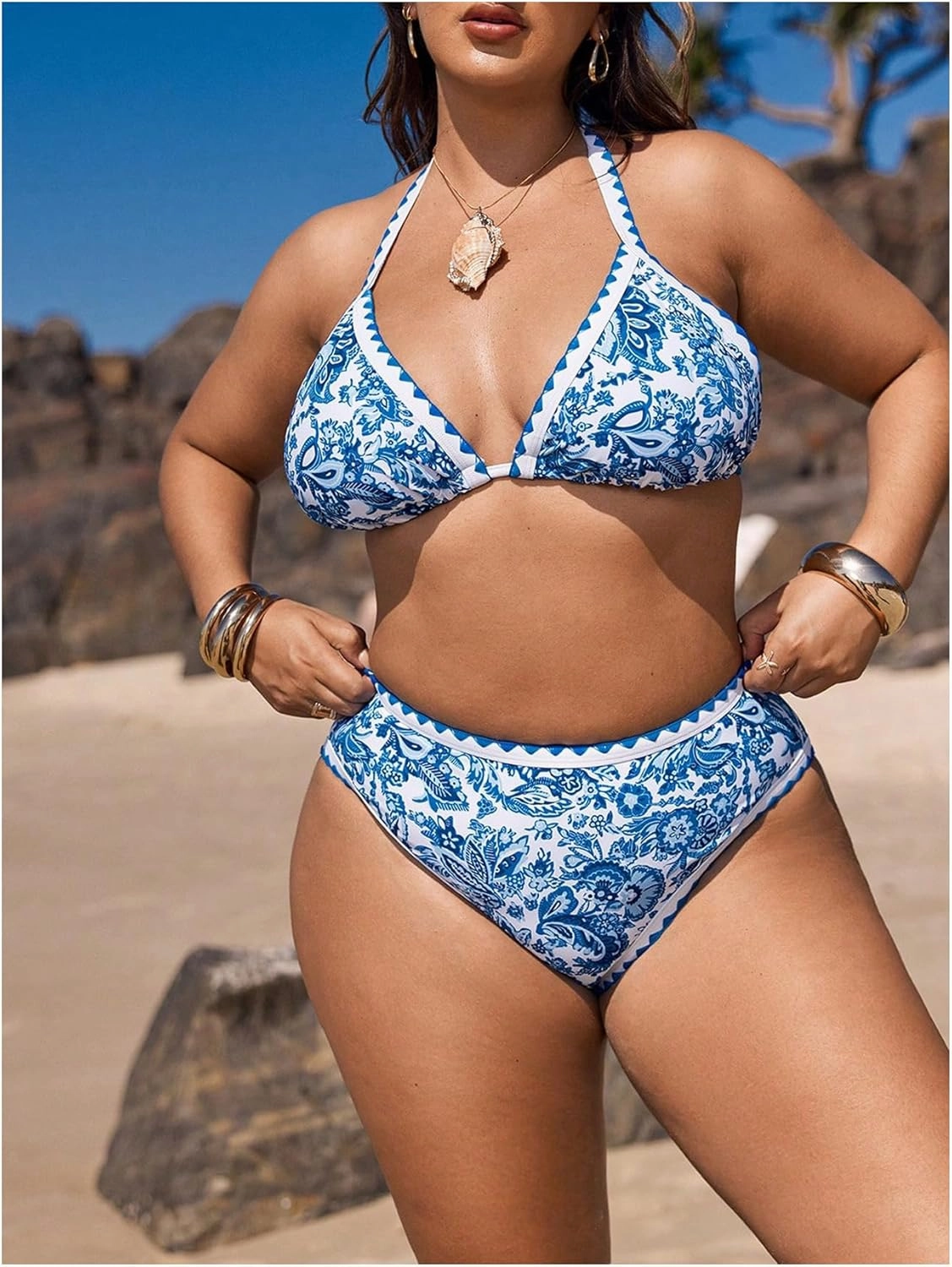 OYOANGLE Women's Plus Size 2 Piece Boho Printed Bikini Swimsuit Triangle Halter Bathing Suit High Waisted Swimwear