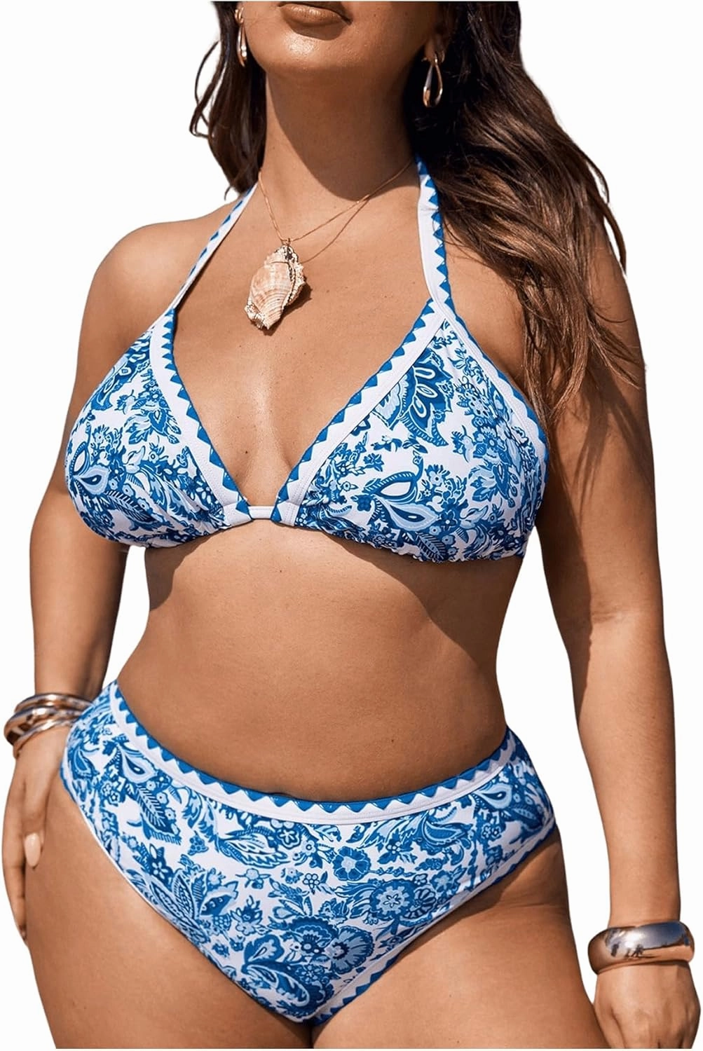 OYOANGLE Women's Plus Size 2 Piece Boho Printed Bikini Swimsuit Triangle Halter Bathing Suit High Waisted Swimwear