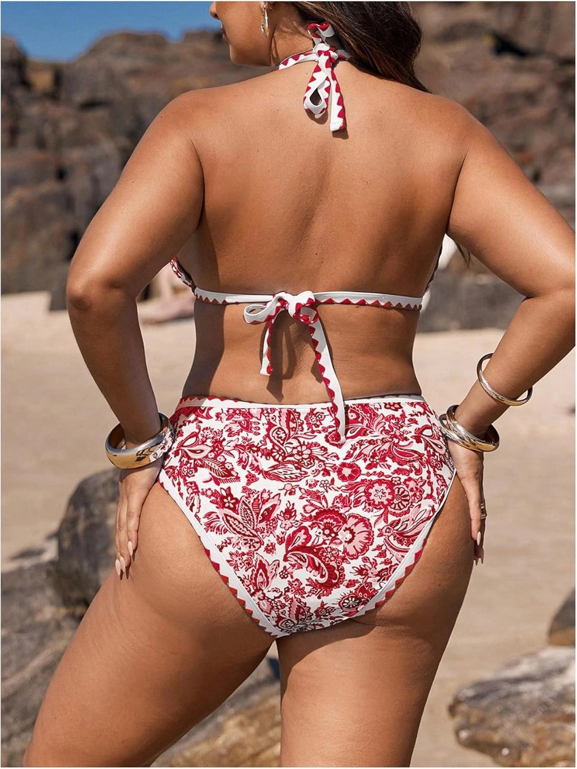 OYOANGLE Women's Plus Size 2 Piece Boho Printed Bikini Swimsuit Triangle Halter Bathing Suit High Waisted Swimwear